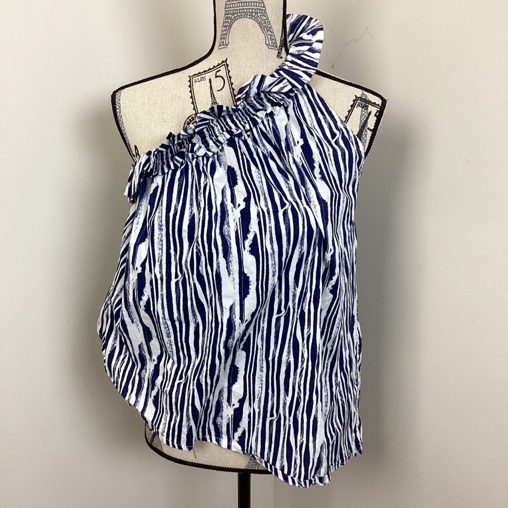 Review Women’s White Blue Ruffled One Shoulder Top